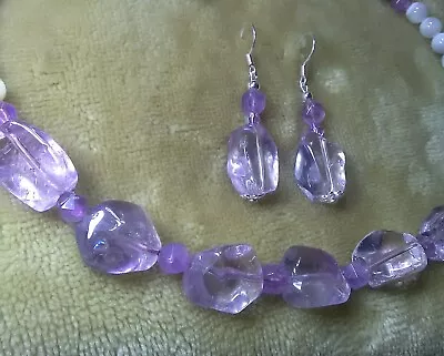 Freeform & Fac. Amethyst W/ Mother Of Pearl Sterling Silver Necklace & Earrings • $23.49