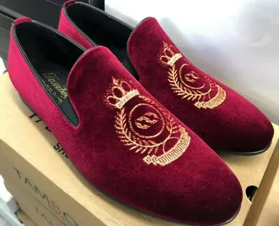 Men's Velvet Slippers Burgundy Moccasin Loafers Shoes King Crown Embroidery • £103.93