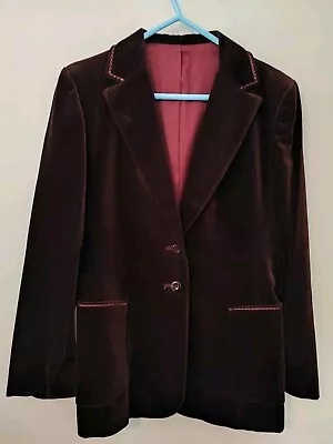 Womens Ladies Vintage Dorene Red Wine Burgundy Velvet Blazer Jacket Uk 14 Retro • £29.99