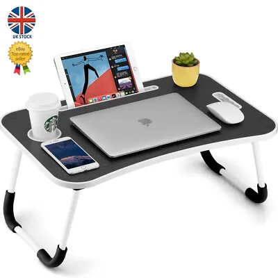 Foldable Laptop Table Tray Stand With Cup Holder & Tablet Slot & Standard Size • £10.95