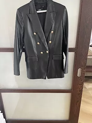 Zara Black Faux Leather Blazer Size M Gold Buttons • £15