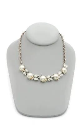 Vintage Necklace Silver Tone Faux Pearl Leaf 18  • $11.99