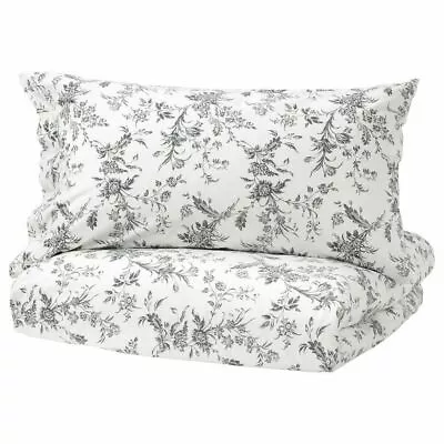 Ikea Alvine Kvist Bedding Set Duvet Cover Double White Grey Floral 100% Cotton • £37