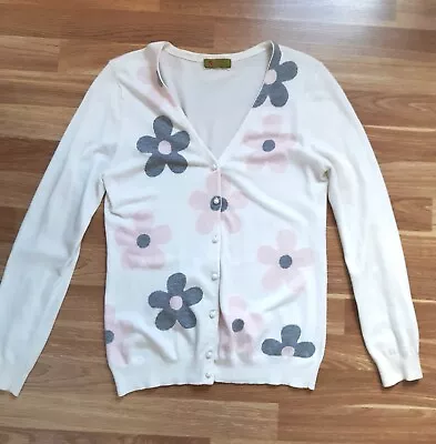 Ladies Cardigan V Neck Size 12 UK White Multicoloured Very Good Condition • £7.90