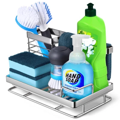 $23.99 • Buy Kitchen Soap Rack Brush Stainless Steel Sink Drain Caddy Sponge Holder Organizer