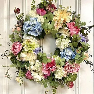 Artificial Hydrangea Wreath Front Door Spring Rainbow Flower Garland Home Decor • $19.99