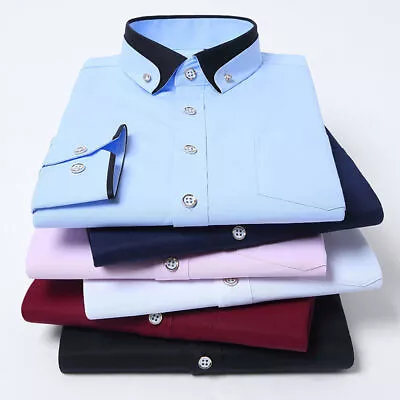 Mens Casual Double Collar Slim Fit Formal Shirt Italian Design Long Sleeve Tops • $18.32