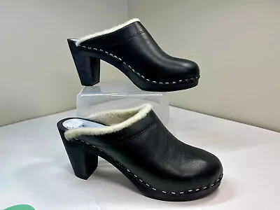 Maguba Of Sweden Oslo Lined Black Leather Wood Heel Clog Shoe Size 38 EU US 8 • $47.99