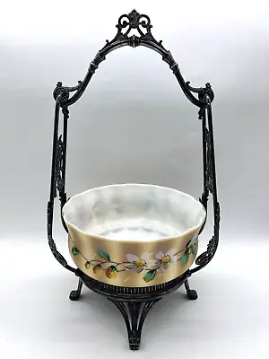 Tufts #135 Quadruple Silver Plate 15  Brides Basket Bohemian Glass Painted Bowl • $299.95