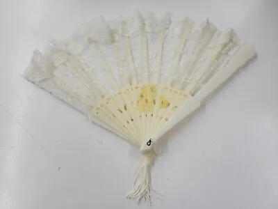 Vintage Handheld Faux Ivory Folding Hand Fan Plastic Sheer Lace Tassle • $9.99