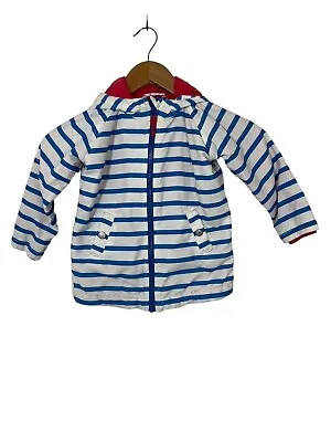 Mini Boden Jacket Girls 2-3Y Blue White Striped Button Up Hooded Long Sleeve • $15.99