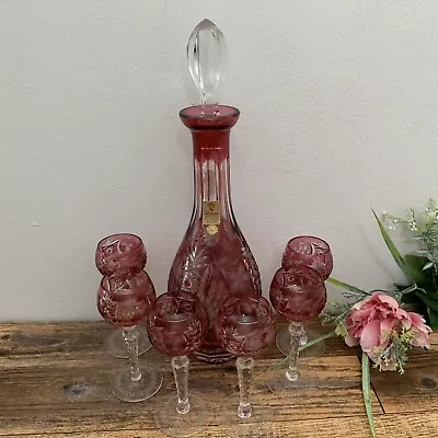 Vintage Nachtmann - Cranberry Cut To Clear Crystal - Decanter & 6 Cordials • $154.97