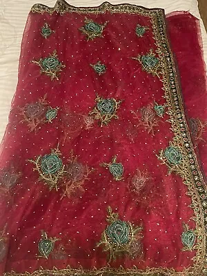Red Green Maroon Bridal Net Saree Sari Velvet Party Wedding Dress Without Blouse • £40