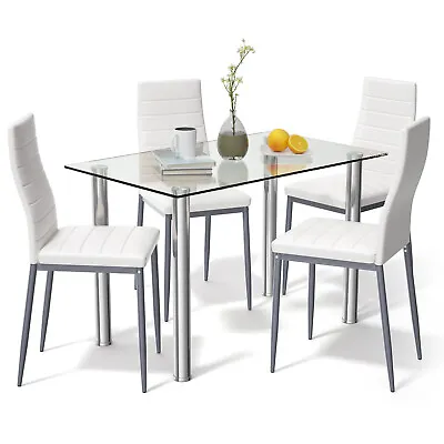 $289.95 • Buy Giantex 5Pcs Modern Dining Table Set Kitchen Furniture W/ Glass Top Leather Seat