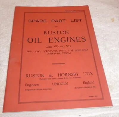 £20 • Buy Vintage Spare Parts List For Ruston Oil Engines Class VO & VH Mint, Dated 1954