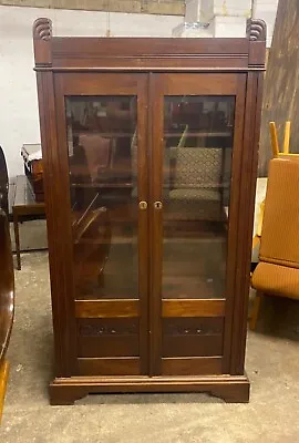 Antique German Art Deco Walnut Bookcase Display Cabinet • £325