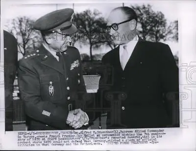 1956 Press Photo Gen. Alfred M. Gruenther Shakes Hands With Premier Guy Mollet • $19.99