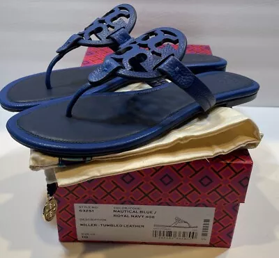 New Tory Burch Miller Nautical Blue/Royal Navy Tumbled Leather Sandals 10 M Box • $165