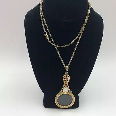 Vintage Rhinestone  Magnifying Glass Pendant Necklace Floral Flowers Long Chain • $59.99