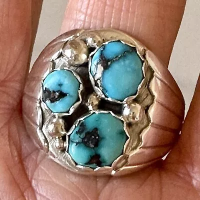 Three Stone Turquoise Ring Sz 12.25 Navajo Signed Spencer Fans 22mm Band Sterlin • $164.94