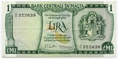 MALTA L 1967 (1973) ISSUE 1 LIRA 1 POUND SCARCE NOTE CRISP XF.PICK#31e. • $30