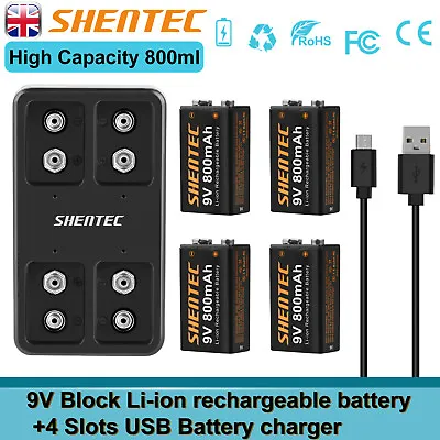 9V Block 6F22 Lithium 9 Volt 800ml Rechargeable Batteries / 4 Slot USB Charger • £11.95