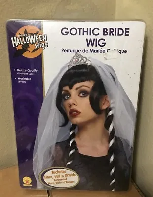 Deluxe Black Gothic Bride Wig Twisted Braids Tiara & Veil Lolita Dead Halloween • $9.99