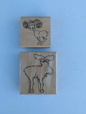 Vtg Wooden Rubber Stamps Copper Leaf Creations Big Horned Sheep & Dots Moose • $14.50