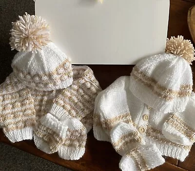 Hand Knitted By Me Baby Two Cardigans Beanies & Mitts Sets 0-3 Months • £10.30