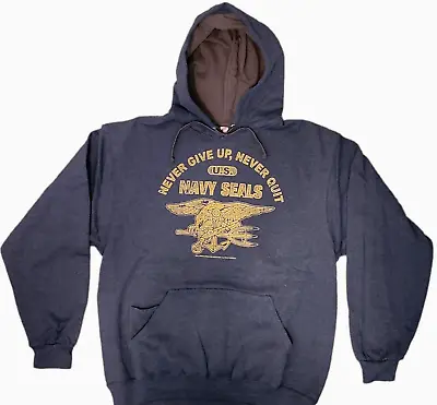 Men' Sweat Shirt Hoodie- NAVY SEALS-  Never Give Up Never Quit- Heather Blue • $18.99