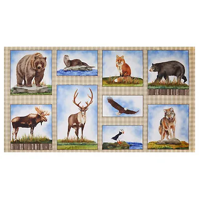 Animal Fabric Bear Moose  Elk Wolf Once Upon A Cabin Cotton QT 24 X44  Panel • $8.99
