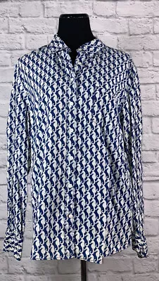 J Crew Boy Fit Blouse Button Front Blue White Seahorse Button Cuff Size 12 • $31.99