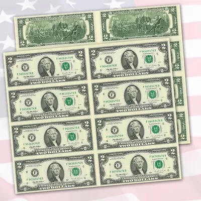 $2 Dollar Bill Uncut Sheet 8 Bills Uncirculated Exremely Rare Hard To Get Mint • $75