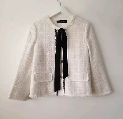 Zara Cream Bow Boucle Short Textured Tweed Blazer Jacket Size M Medium 10 12 • £39.99