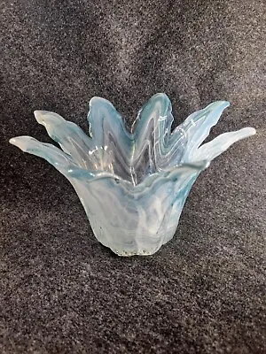 Vietri Onda Blown Glass Leaf CandleHolder Vase Bowl Light Blue Italy 7.5 D 4.3 H • $23