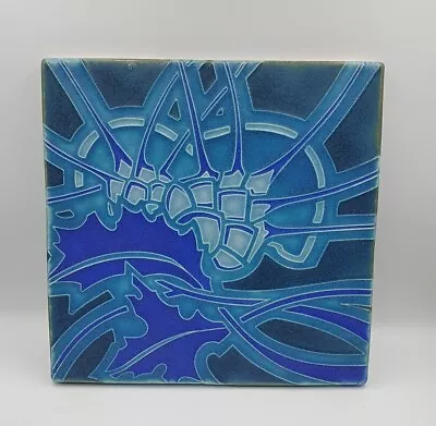 MOTAWI TILEWORKS ART POTTERY TILE BLUE THISTLE FLOWER ANN ARBOR MICHIGAN 8x8 • $135