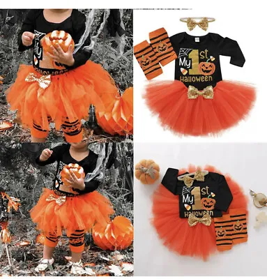 Baby Girl Kids 1st Halloween Pumpkin Tutu Dress Costume Outfit Set 6-12m • £3.99