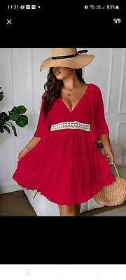 Contrast Lace Ruffle Hem Shirred Flounce Sleeve Dress 2XL RED BRAND NEW • £3.50
