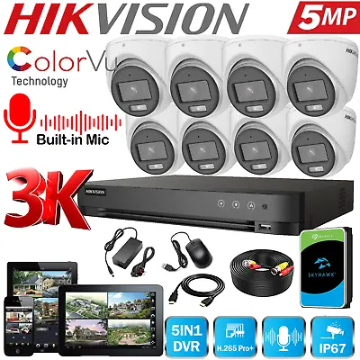 HIKVISION CCTV SECURITY SYSTEM 5MP AUDIO MIC CAMERA ColorVU 3K KIT Mobile View • £236