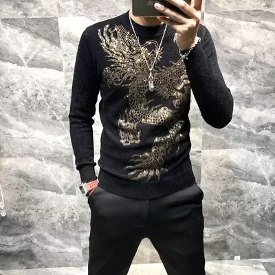 Fashion Men Knit Warm Rhinestones Pullover Winter Black Casual Sweatshirt Hoodie • $42.90