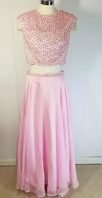 Dave & Johnny Pink Beaded Pearl Rhinestone Crop Top Chiffon Skirt Dress S 3/4 • £56.89