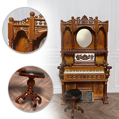 1:12 Vintage Piano With Mirror Stool Set Miniature Carved Flower Mini Furniture  • $82.55