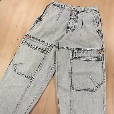 BUGLE BOY Pleated Relaxed Tapered Acid Wash Denim Cargo Jeans 30 L Vtg 80s 90s • $38