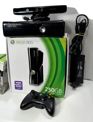 Microsoft Xbox 360 S Console In Box W Kinect 10 Games 250GB HD Controller Tested • $199.99