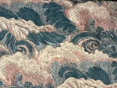 Japanese Inspired Waves Design 100% Cotton Fabric – 1m • £9