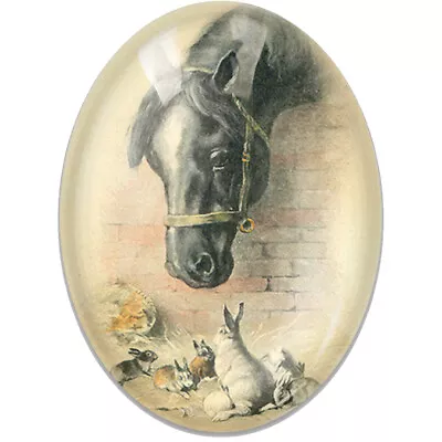 Black Horse With Rabbits Illustration Cameo Cabochon Art Vintage Glass Oval Cab • $1.10