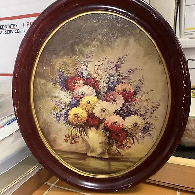 Antique Solid Wood Oval Shaped Frame – VINTAGE FLORAL PRINT - RARE ITEM ! • $12.95