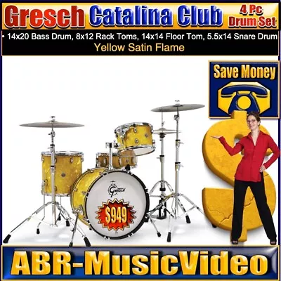 Gretsch Catalina Club 4 Piece Drums (Yellow Satin Flame) CT1-J404-YSF • $1454.63