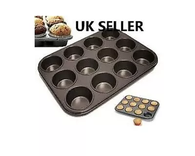 Black Non Stick 12 Cup Baking Tray Deep Bun Tray Tin Cupcake Cake Muffin Pies  • £5.98