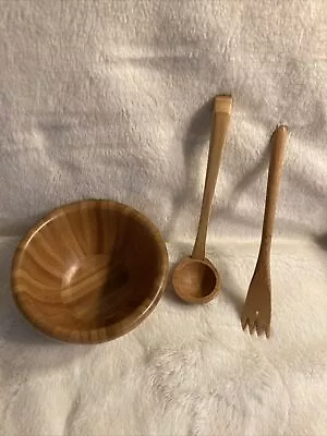 Pampered Chef Wooden Bamboo Small Bowl 4 3/4” Item #0613 With Small Ladle & Fork • $14.95